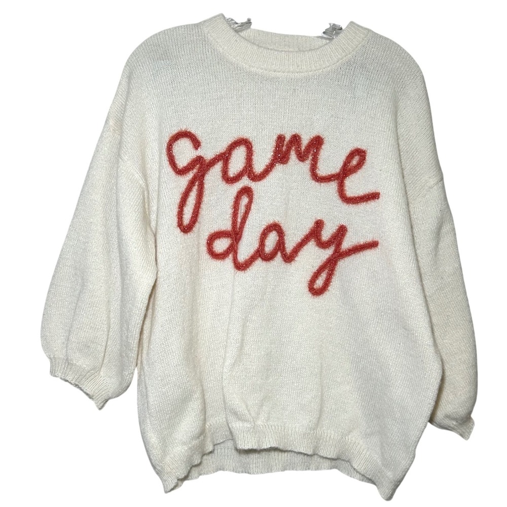 Game Day Cream Orange Glitter Chenille Script Oversized Sweater Large Texas TN